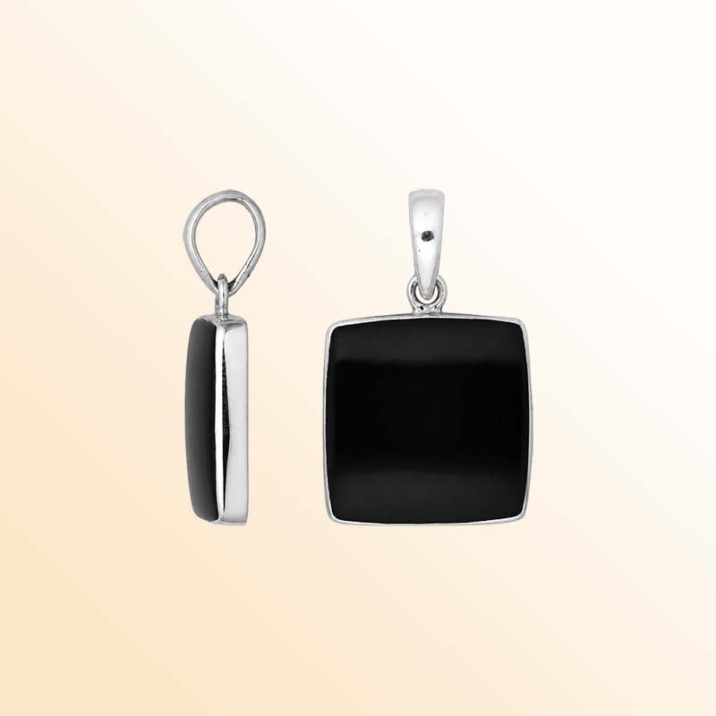 Handcrafted sterling silver square pendant with polished black shell centerpiece