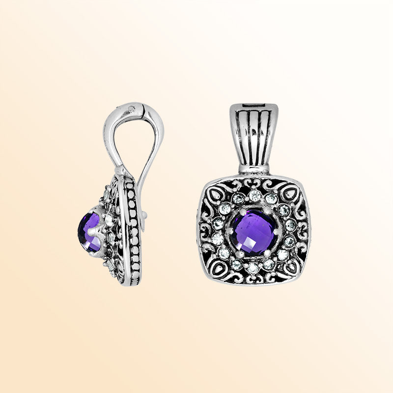 Sterling Silver Amethyst Quartz Square Pendant With Balinese Artistic CZ Design