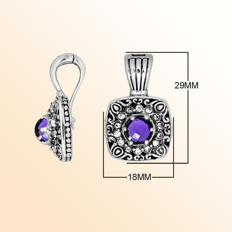 Sterling Silver Amethyst Quartz Square Pendant With Balinese Artistic CZ Design