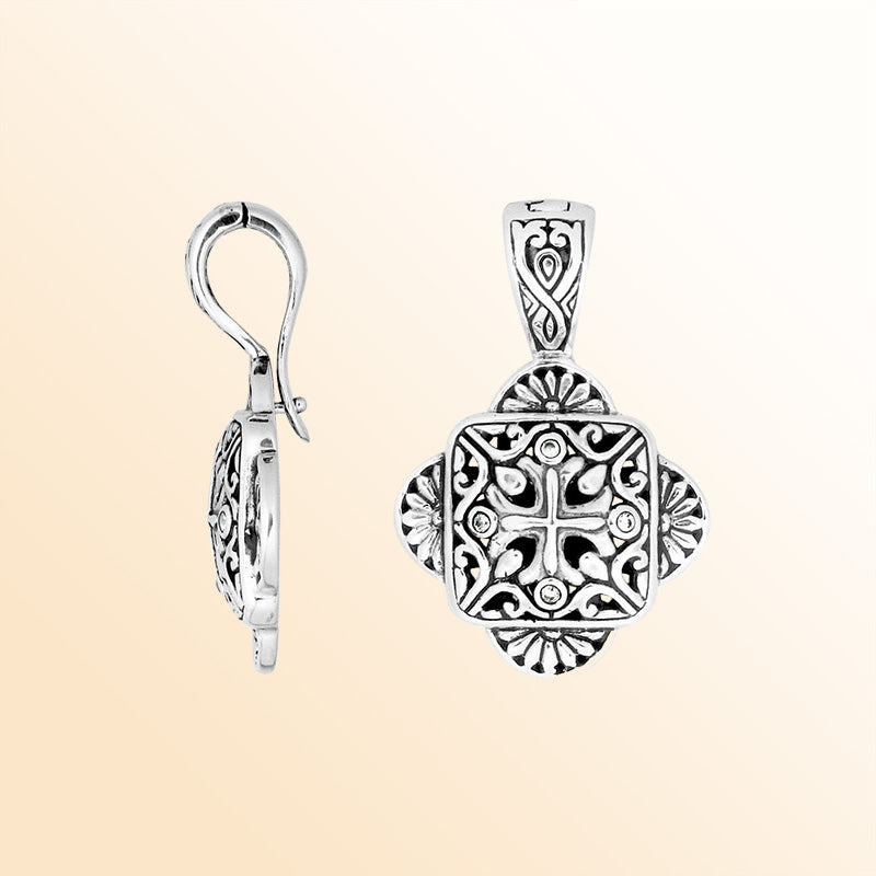 Sterling Silver Cubic Zirconia Cross Pendant With Balinese Engraving