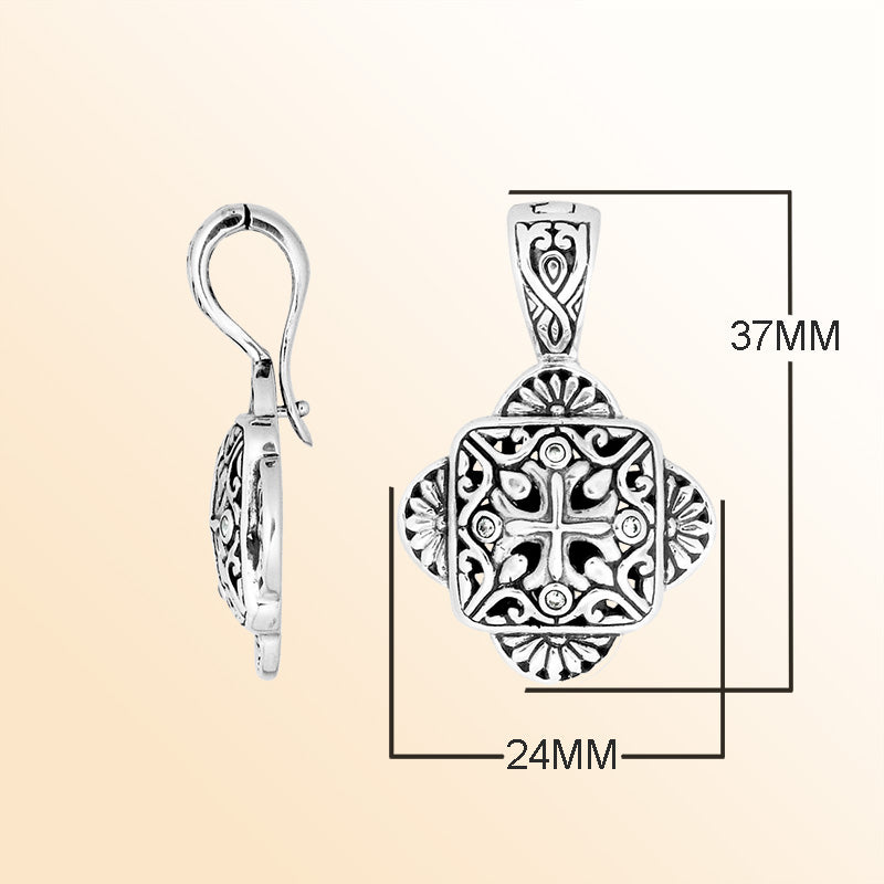 Sterling Silver Cubic Zirconia Cross Pendant With Balinese Engraving