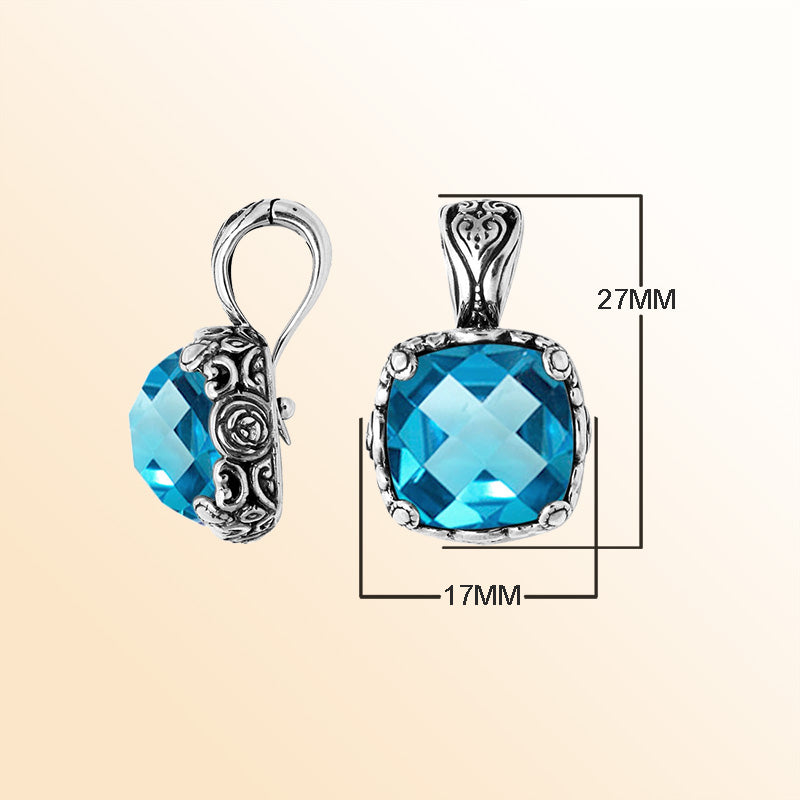 Sterling Silver Blue Topaz Quartz Square Pendant With Balinese Floral Engraving