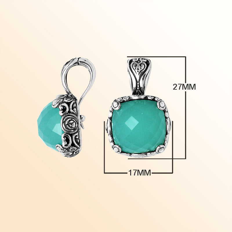 Sterling Silver Green Chalcedony Quartz Square Pendant With Balinese Handcrafted Design