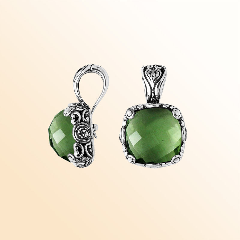 Sterling Silver Green Amethyst Quartz Pendant With Balinese Floral Handcrafted Detailing