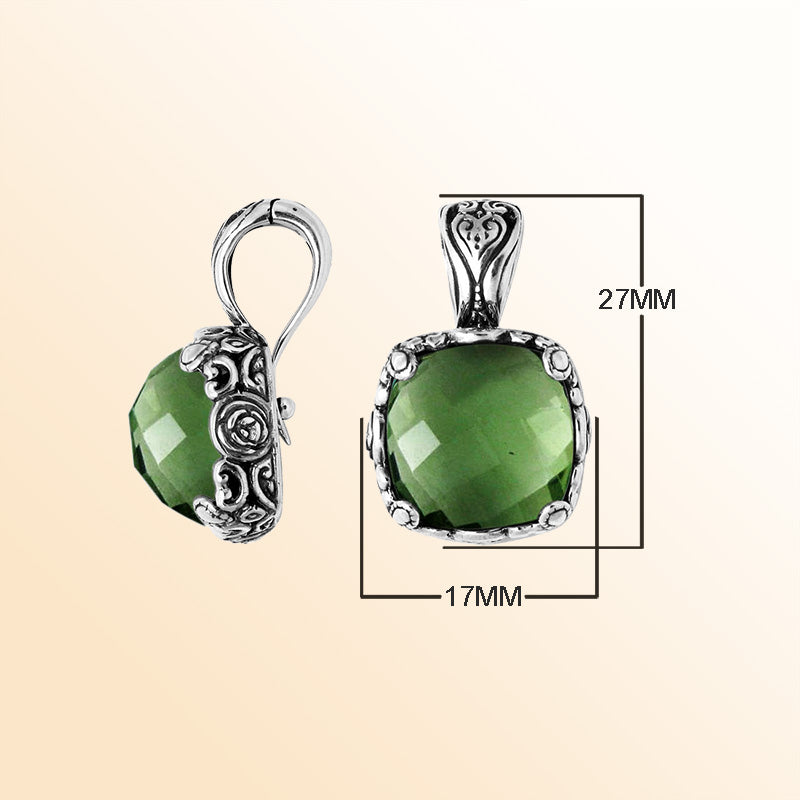 Sterling Silver Green Amethyst Quartz Pendant With Balinese Floral Handcrafted Detailing