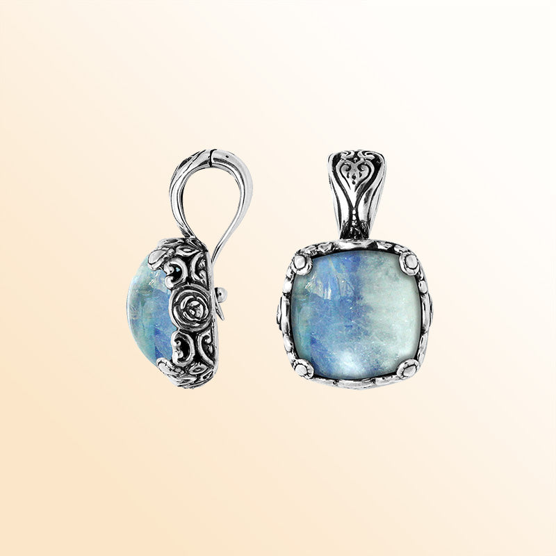 Sterling Silver Balinese Rainbow Moonstone Pendant With Cushion Cut Design