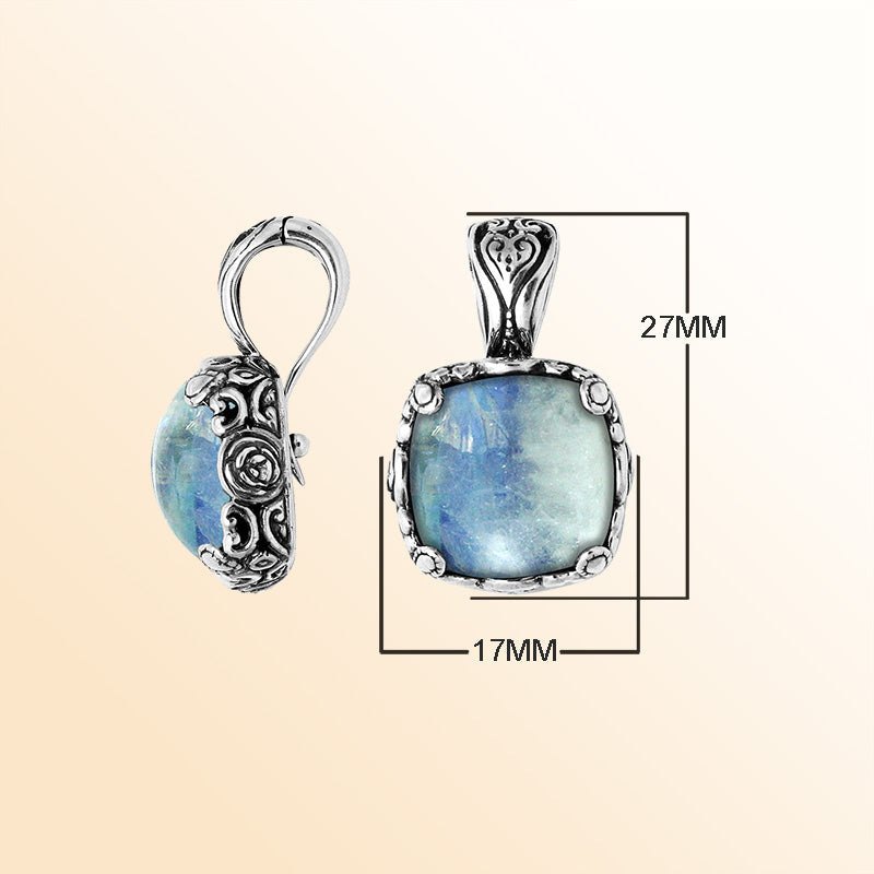 Sterling Silver Balinese Rainbow Moonstone Pendant With Cushion Cut Design
