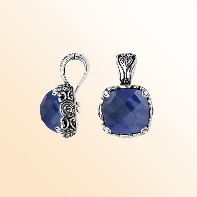 Sterling Silver Balinese Blue Sapphire Quartz Pendant With Cushion Cut Design