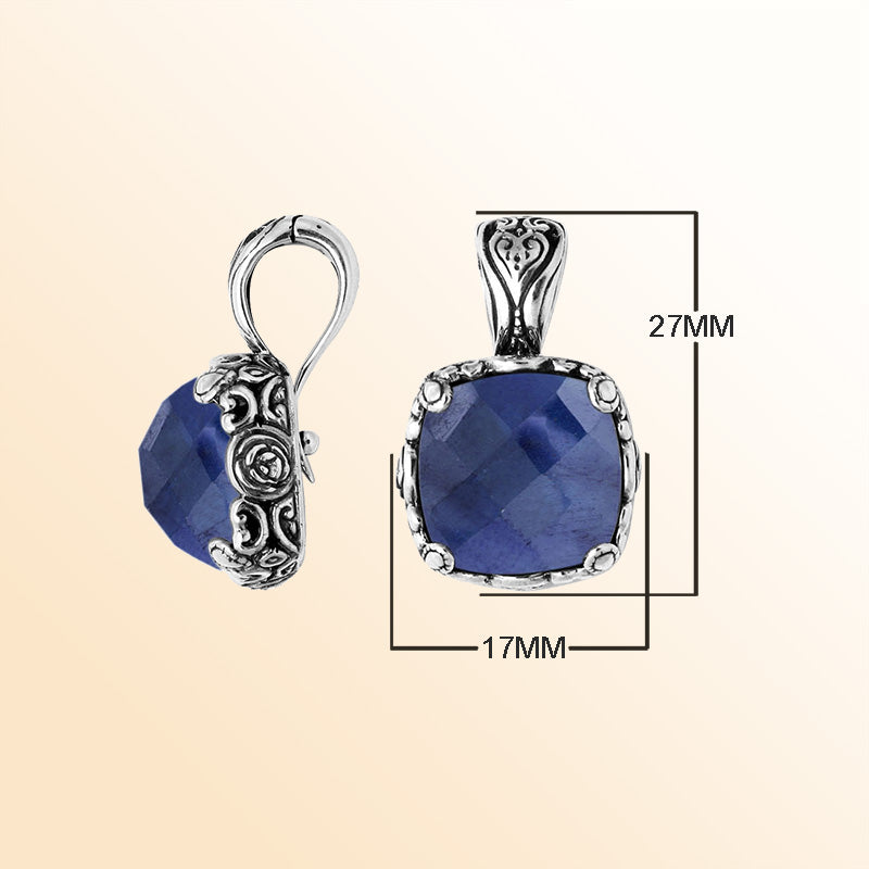 Sterling Silver Balinese Blue Sapphire Quartz Pendant With Cushion Cut Design