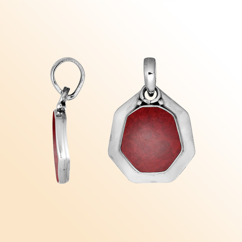 Sterling Silver Balinese Octagon Shape Red Coral Pendant