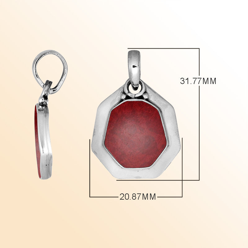 Sterling Silver Balinese Octagon Shape Red Coral Pendant