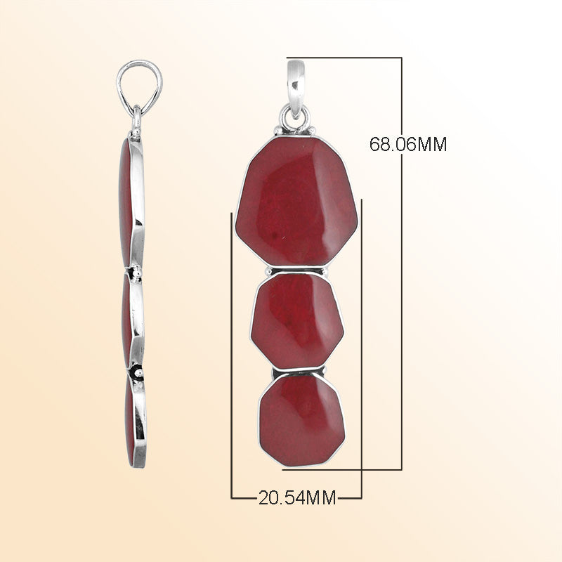 Sterling Silver Balinese Three-Link Red Coral Pendant With Octagon Design
