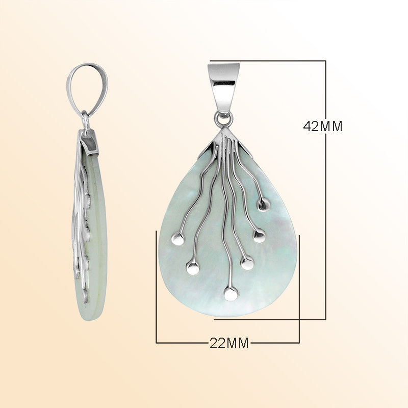 Sterling Silver Balinese Teardrop Shape Mother Of Pearl Pendant With Silver Wave Design