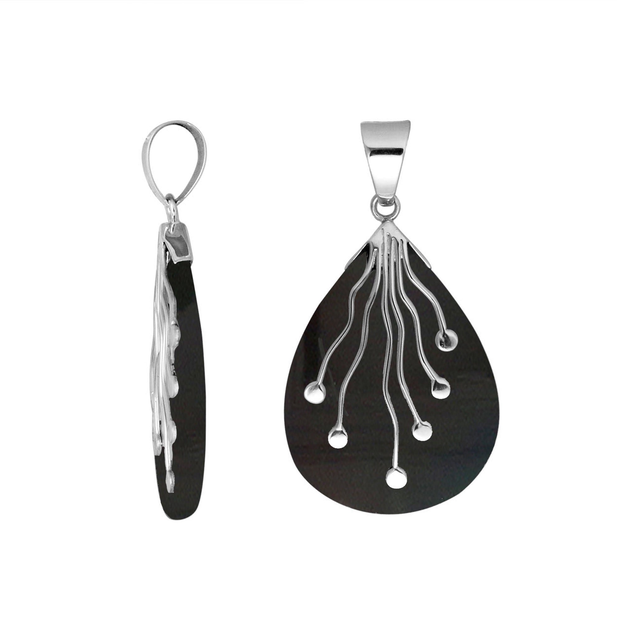 Sterling silver teardrop pendant with polished black shell and flowing silver wire accents – handcrafted artisan jewelry for women.