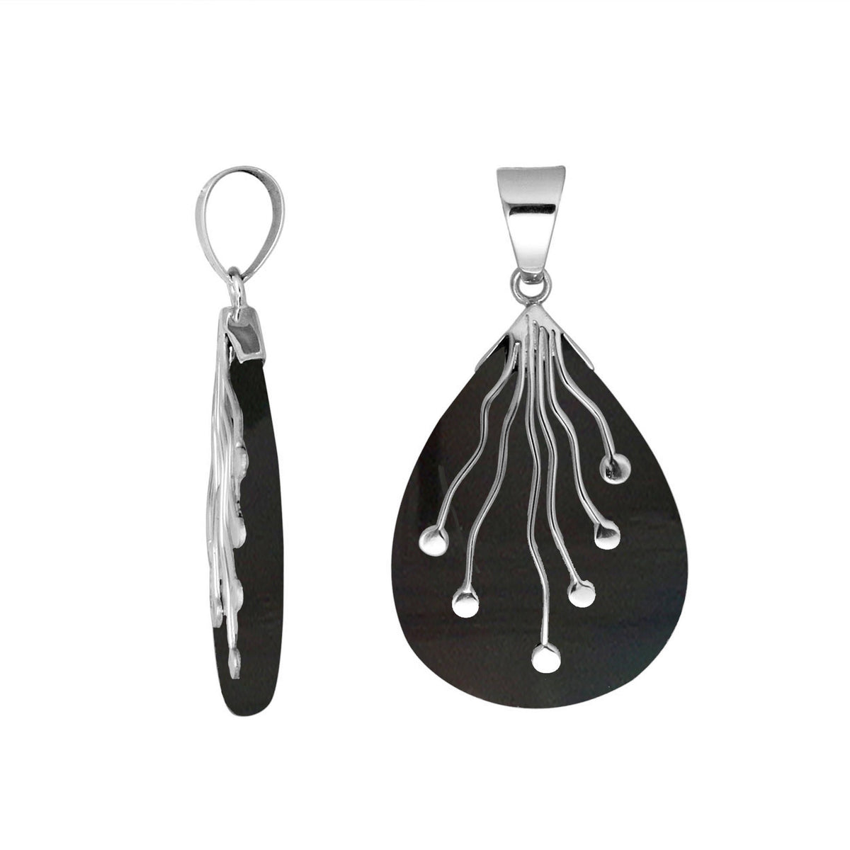 Sterling silver teardrop pendant with polished black shell and flowing silver wire accents – handcrafted artisan jewelry for women.
