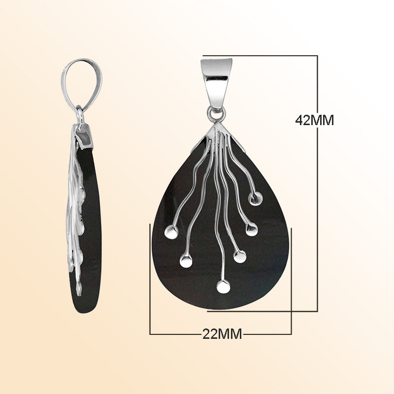 Sterling silver teardrop pendant with polished black shell and flowing silver wire accents – handcrafted artisan jewelry for women.
