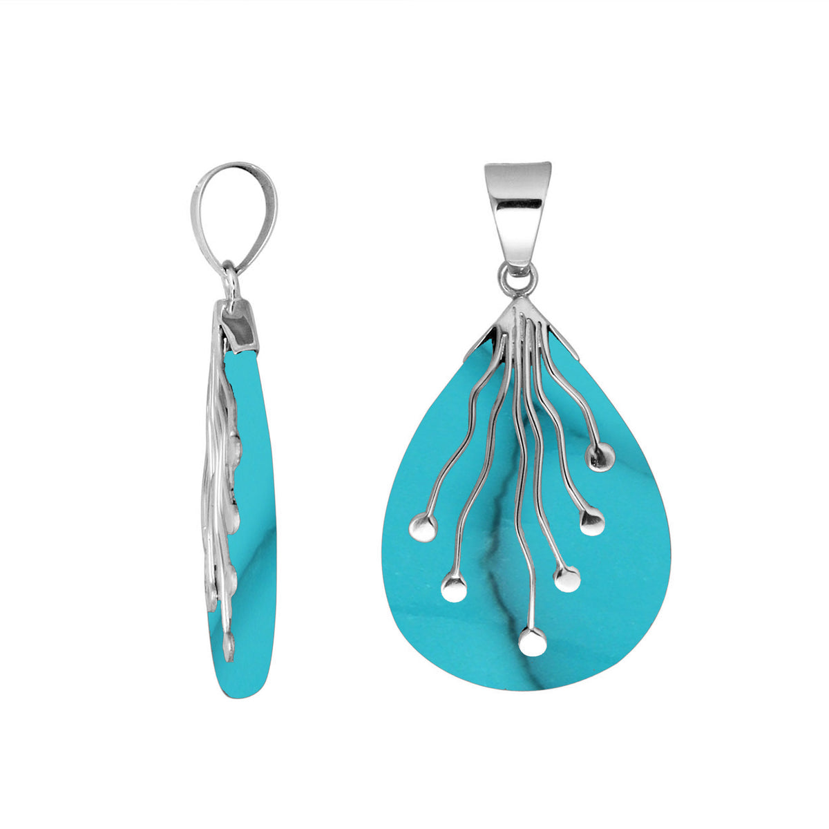 Sterling silver teardrop pendant with polished Turquoise Shell and flowing silver wire accents – handcrafted artisan jewelry for women.