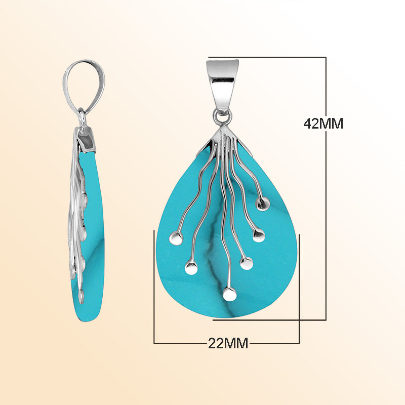 Sterling silver teardrop pendant with polished Turquoise Shell and flowing silver wire accents – handcrafted artisan jewelry for women.