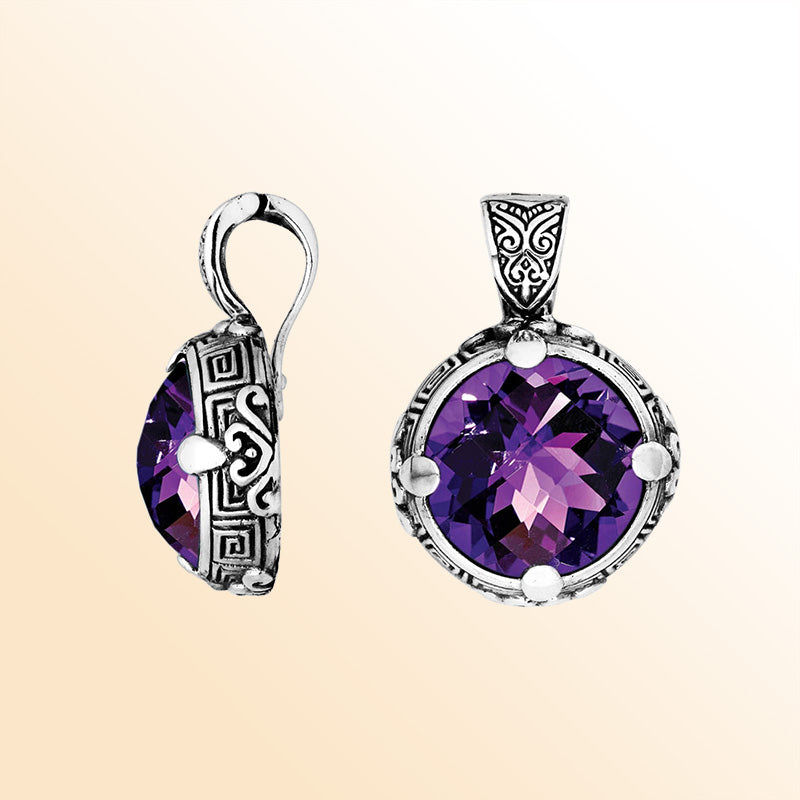 Sterling Silver Balinese Round Shape Amethyst Quartz Pendant With Carved Silver Frame