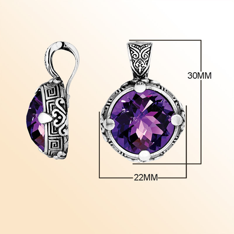 Sterling Silver Balinese Round Shape Amethyst Quartz Pendant With Carved Silver Frame
