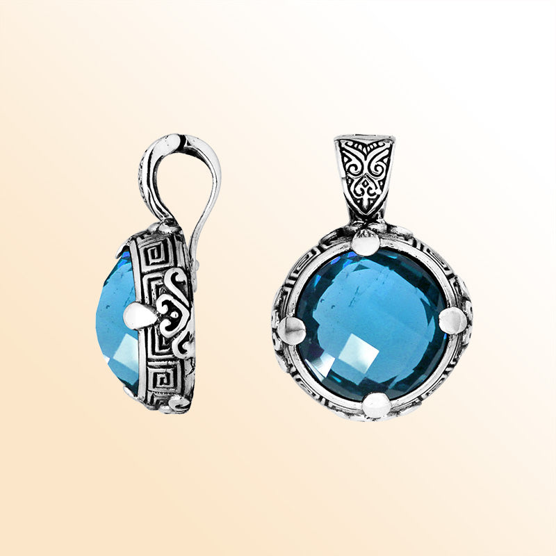 Sterling Silver Balinese Round Shape Blue Topaz Quartz Pendant With Carved Silver Frame