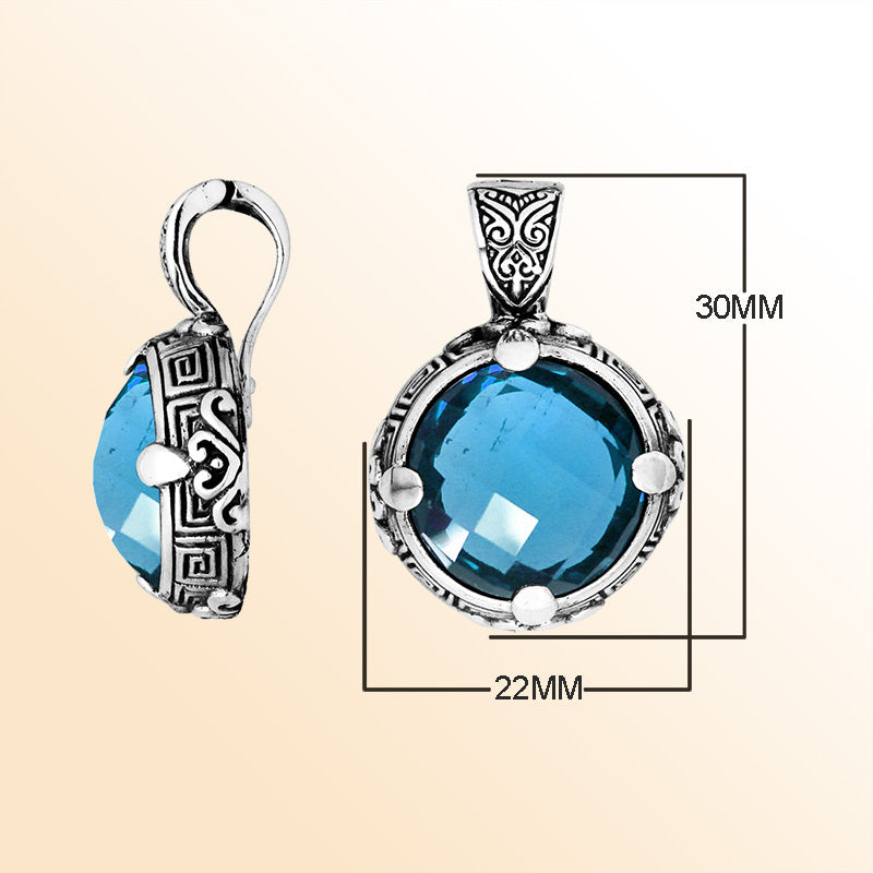 Sterling Silver Balinese Round Shape Blue Topaz Quartz Pendant With Carved Silver Frame
