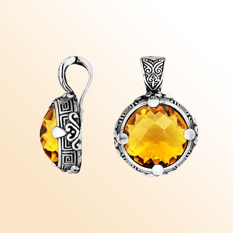 Sterling Silver Balinese Round Shape Citrine Quartz Pendant With Carved Silver Frame