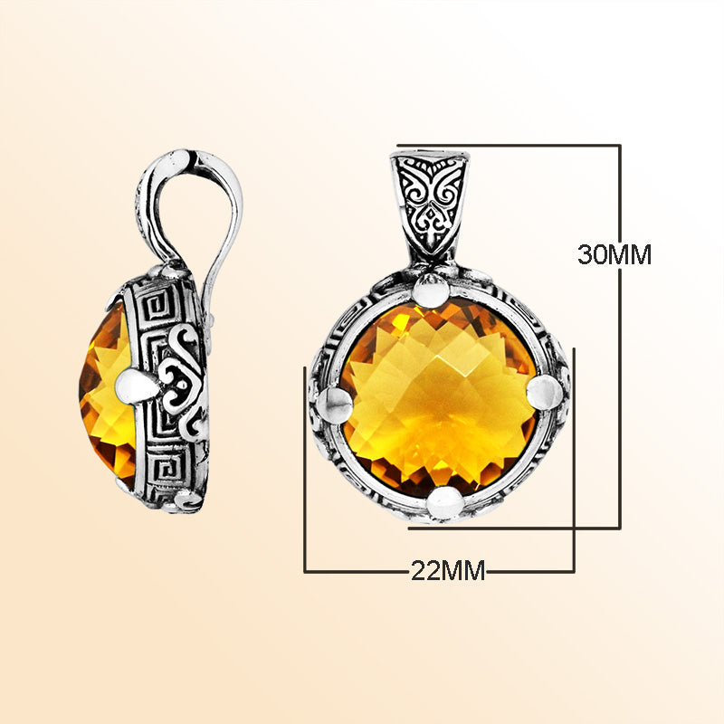 Sterling Silver Balinese Round Shape Citrine Quartz Pendant With Carved Silver Frame