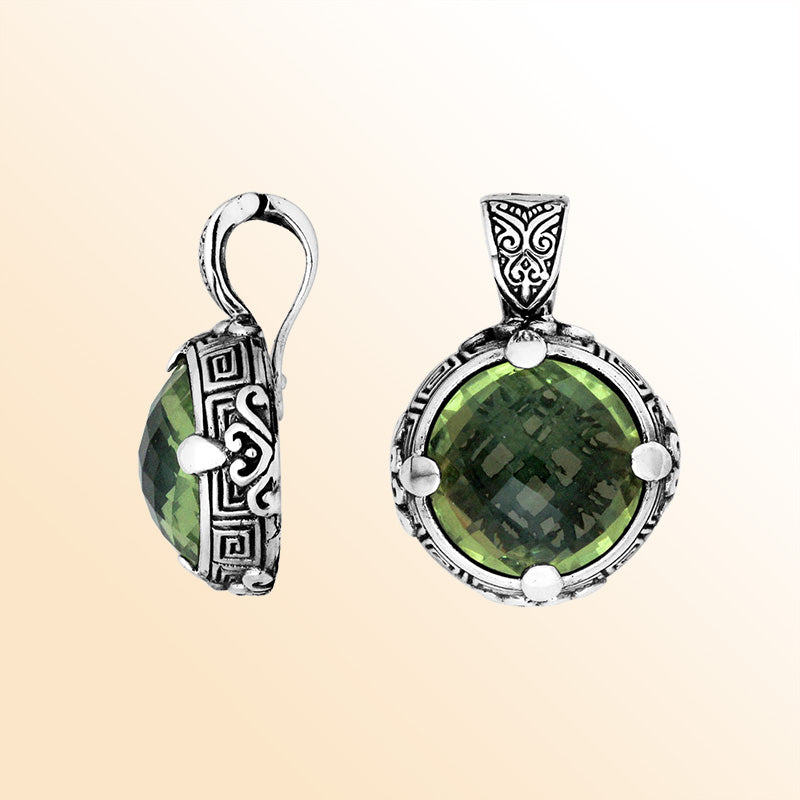 Sterling Silver Balinese Round Shape Green Amethyst Quartz Pendant With Carved Silver Frame