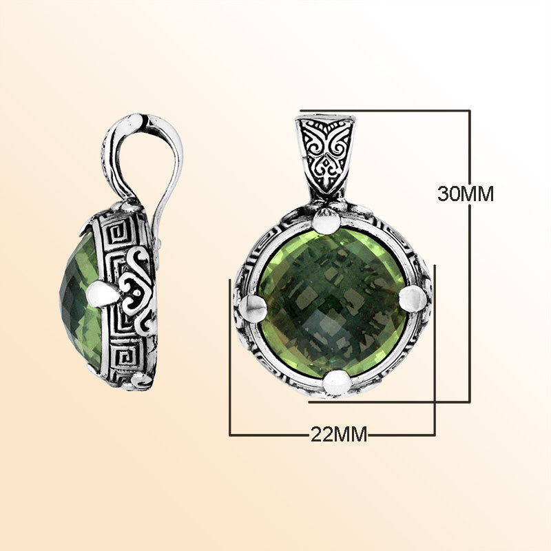 Sterling Silver Balinese Round Shape Green Amethyst Quartz Pendant With Carved Silver Frame