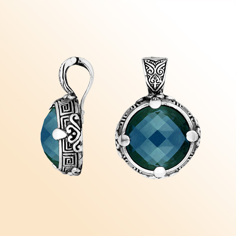 Sterling Silver Balinese Round Shape London Blue Topaz Quartz Pendant With Carved Silver Frame