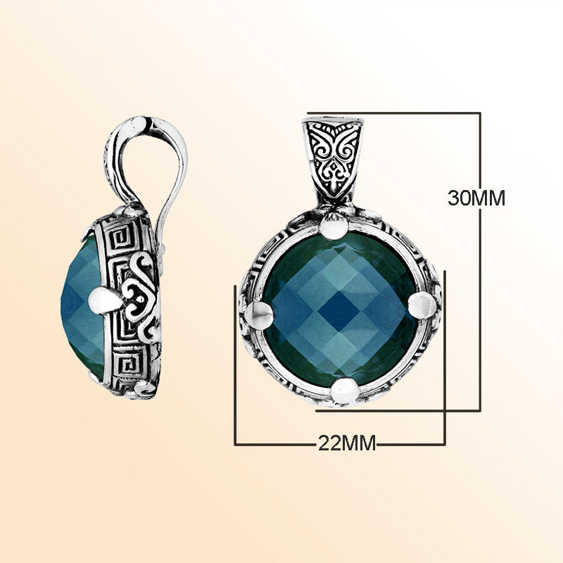 Sterling Silver Balinese Round Shape London Blue Topaz Quartz Pendant With Carved Silver Frame