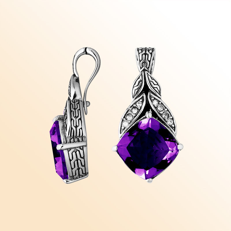 Sterling Silver Balinese Amethyst Quartz Pendant With Cubic Zirconia Leaf Design