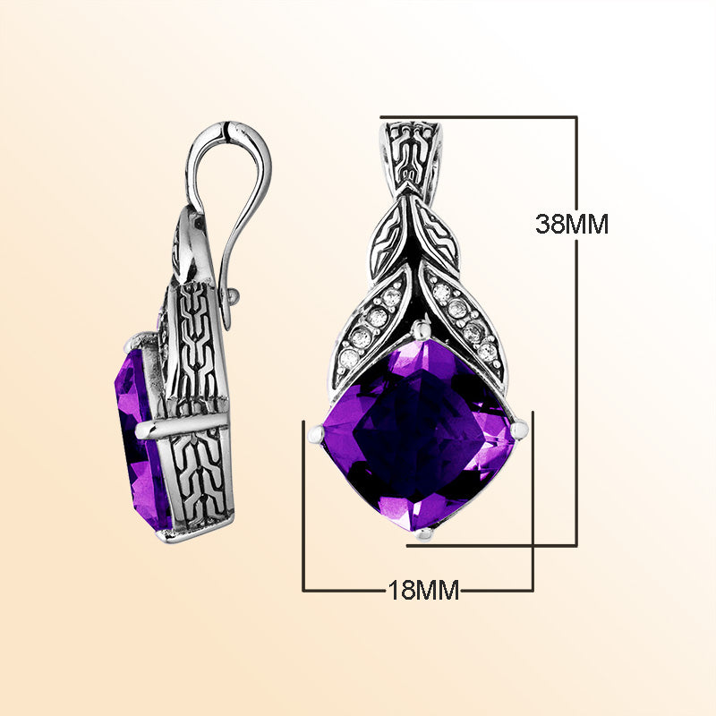Sterling Silver Balinese Amethyst Quartz Pendant With Cubic Zirconia Leaf Design