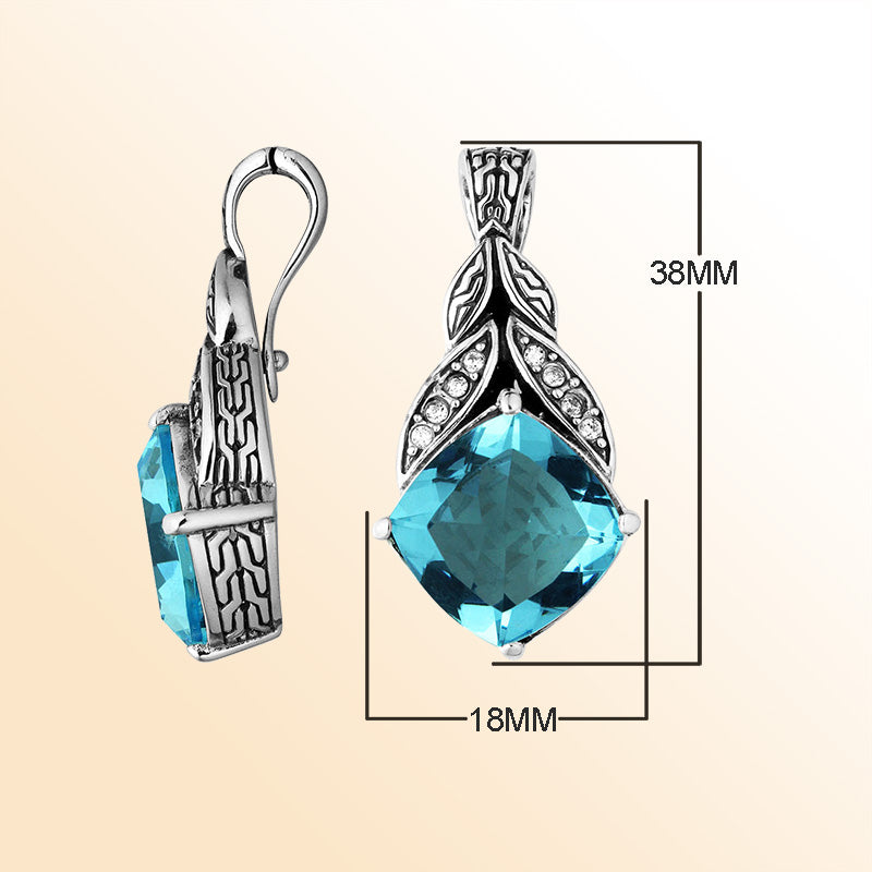 Sterling Silver Balinese Blue Topaz Quartz Pendant With Cubic Zirconia Leaf Design