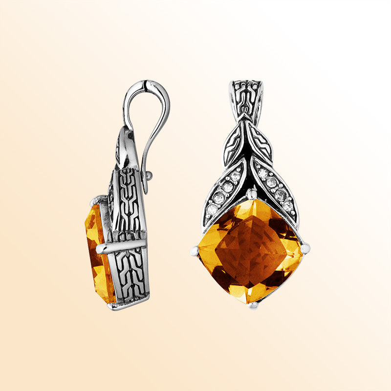 Sterling Silver Balinese Citrine Quartz Pendant With Cubic Zirconia Leaf Design
