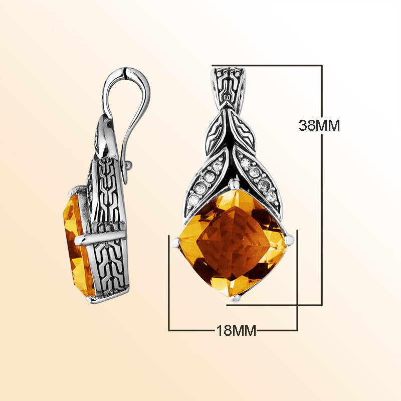 Sterling Silver Balinese Citrine Quartz Pendant With Cubic Zirconia Leaf Design
