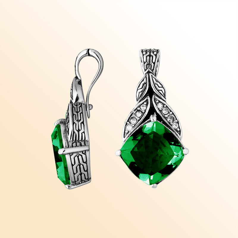 Sterling Silver Balinese Green Quartz Pendant With Cubic Zirconia Leaf Design