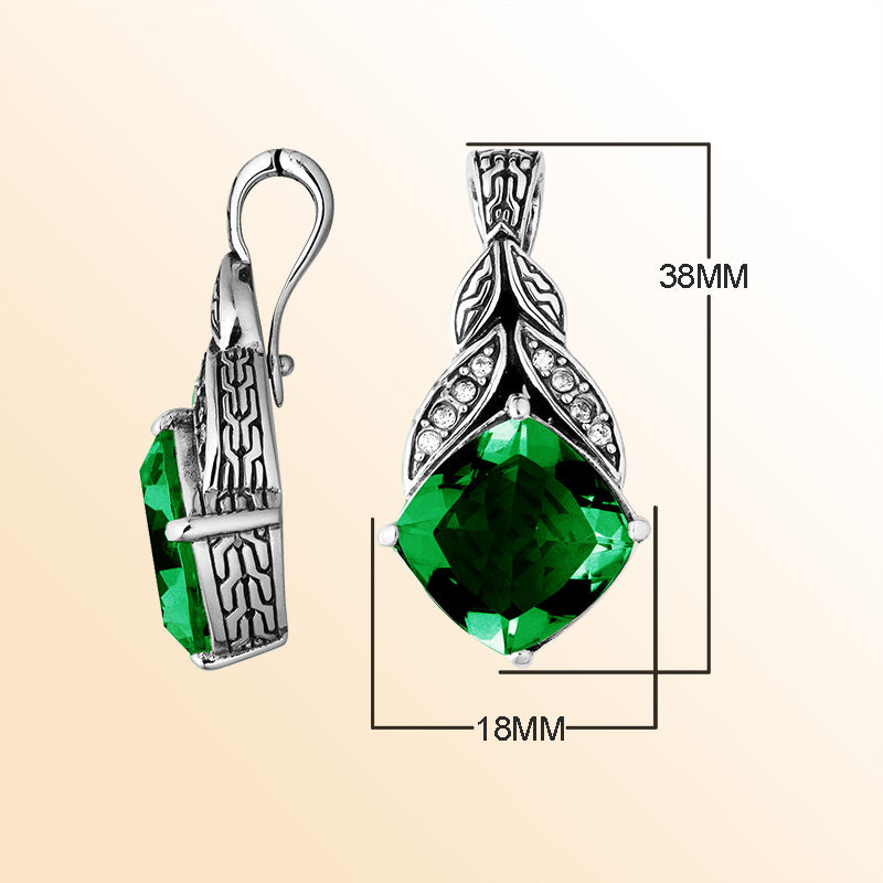 Sterling Silver Balinese Green Quartz Pendant With Cubic Zirconia Leaf Design