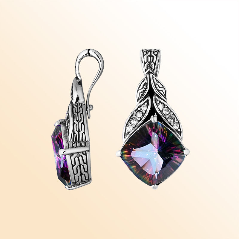 Sterling Silver Balinese Mystic Quartz Pendant With Cubic Zirconia Leaf Design