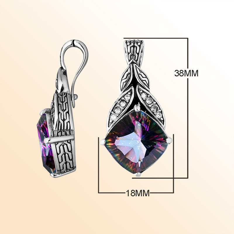 Sterling Silver Balinese Mystic Quartz Pendant With Cubic Zirconia Leaf Design