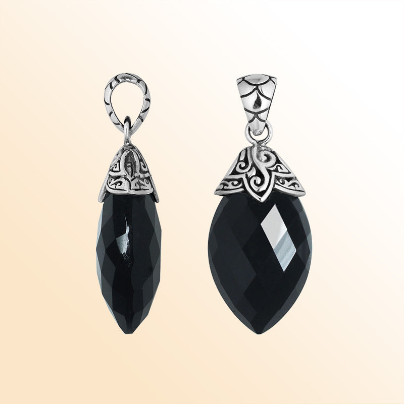 Sterling Silver Balinese Black Onyx Pendant With Carved Silver Cap