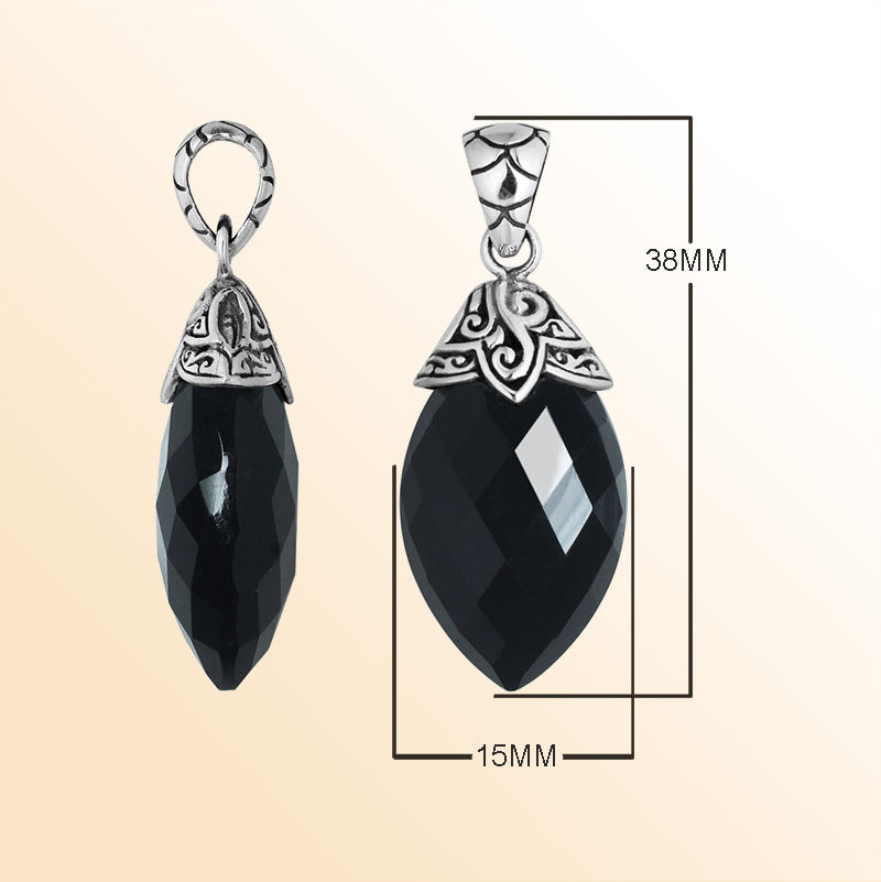 Sterling Silver Balinese Black Onyx Pendant With Carved Silver Cap