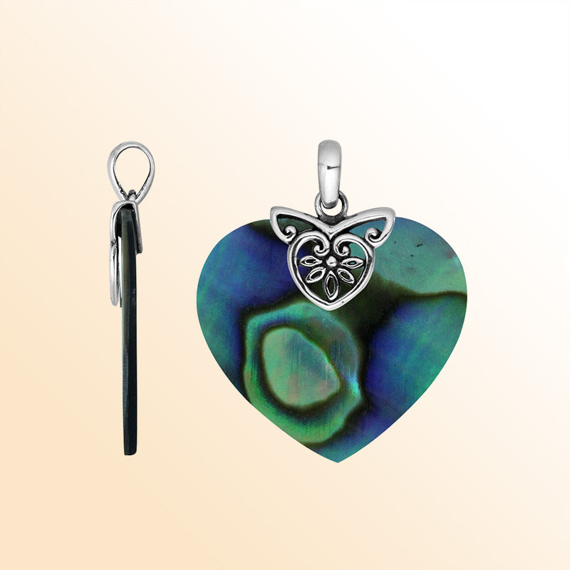 Sterling Silver Balinese Heart Pendant With Abalone Shell And Filigree Design