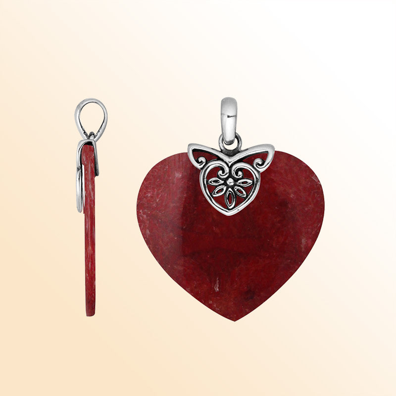 Heart Shaped Red Coral 925 Sterling Silver Pendant With Artistic Floral Filigree Detailing