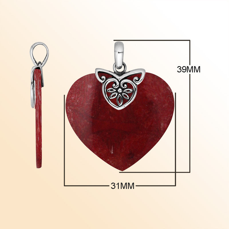 Heart Shaped Red Coral 925 Sterling Silver Pendant With Artistic Floral Filigree Detailing