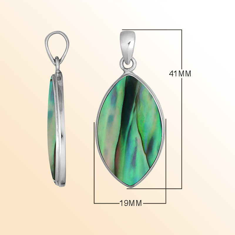 Handcrafted Balinese Sterling Silver Marquise Pendant featuring iridescent Abalone Shell and sleek silver frame, designed for women who love elegant ocean-inspired jewelry.
