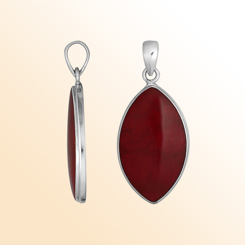 Handcrafted Balinese Sterling Silver Marquise Pendant featuring deep Red Coral and sleek silver frame, designed for women who appreciate bold, elegant jewelry.