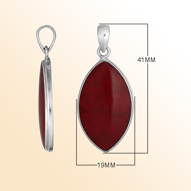 Handcrafted Balinese Sterling Silver Marquise Pendant featuring deep Red Coral and sleek silver frame, designed for women who appreciate bold, elegant jewelry.
