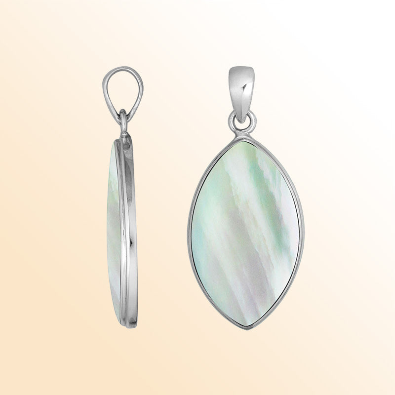 Handcrafted Balinese Sterling Silver Marquise Pendant featuring radiant Mother Of Pearl and sleek silver frame, ideal for women who love luminous, ocean-inspired jewelry.